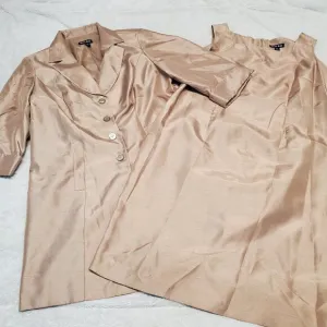 VTG Dana Kay Gold Tan Wedding Formal 2 pc Dress Suit Jacket Sleeveless Dress 16W