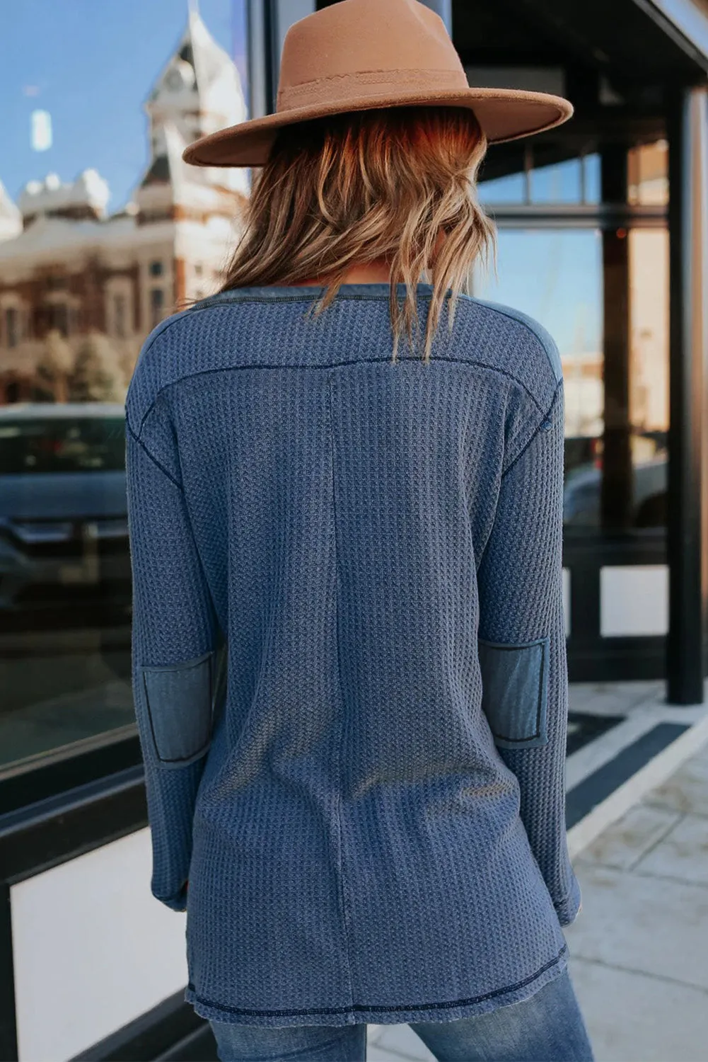 Waffle Elbow Patch Buttoned Long Sleeve Top