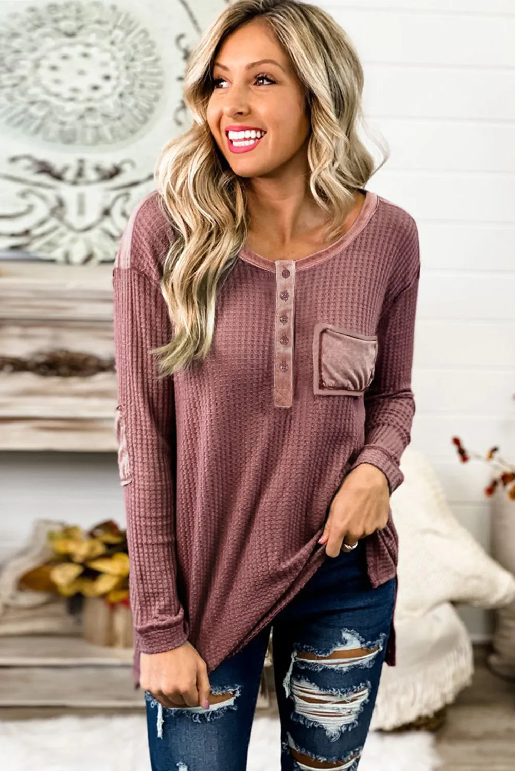 Waffle Elbow Patch Buttoned Long Sleeve Top
