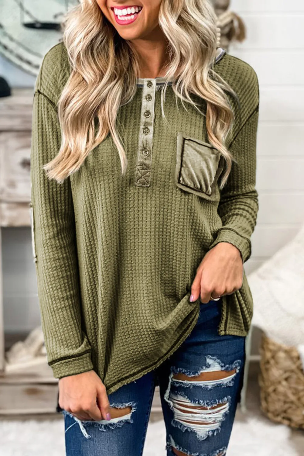 Waffle Elbow Patch Buttoned Long Sleeve Top