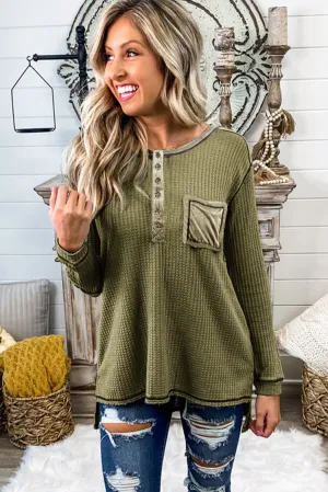 Waffle Elbow Patch Buttoned Long Sleeve Top
