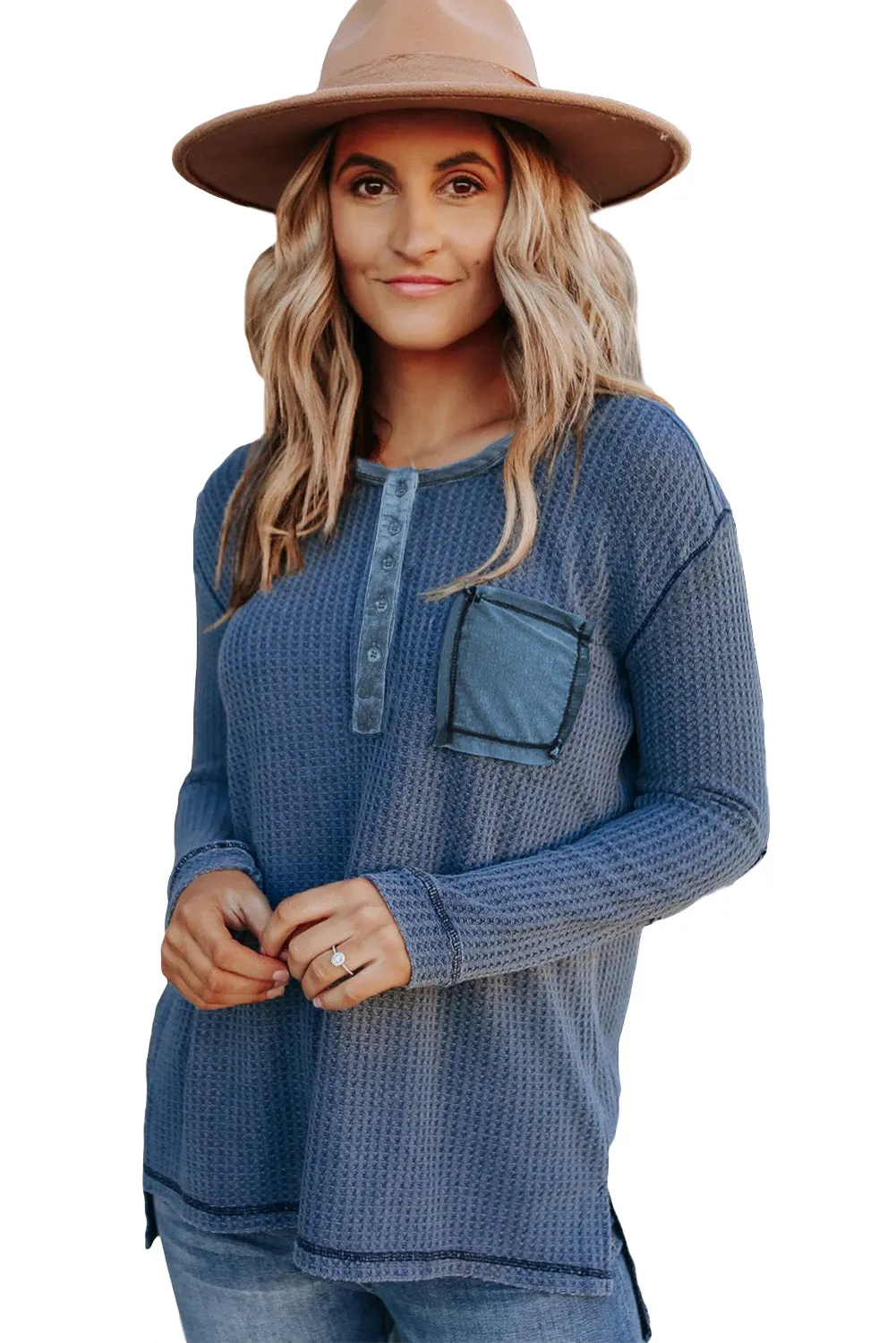 Waffle Elbow Patch Buttoned Long Sleeve Top