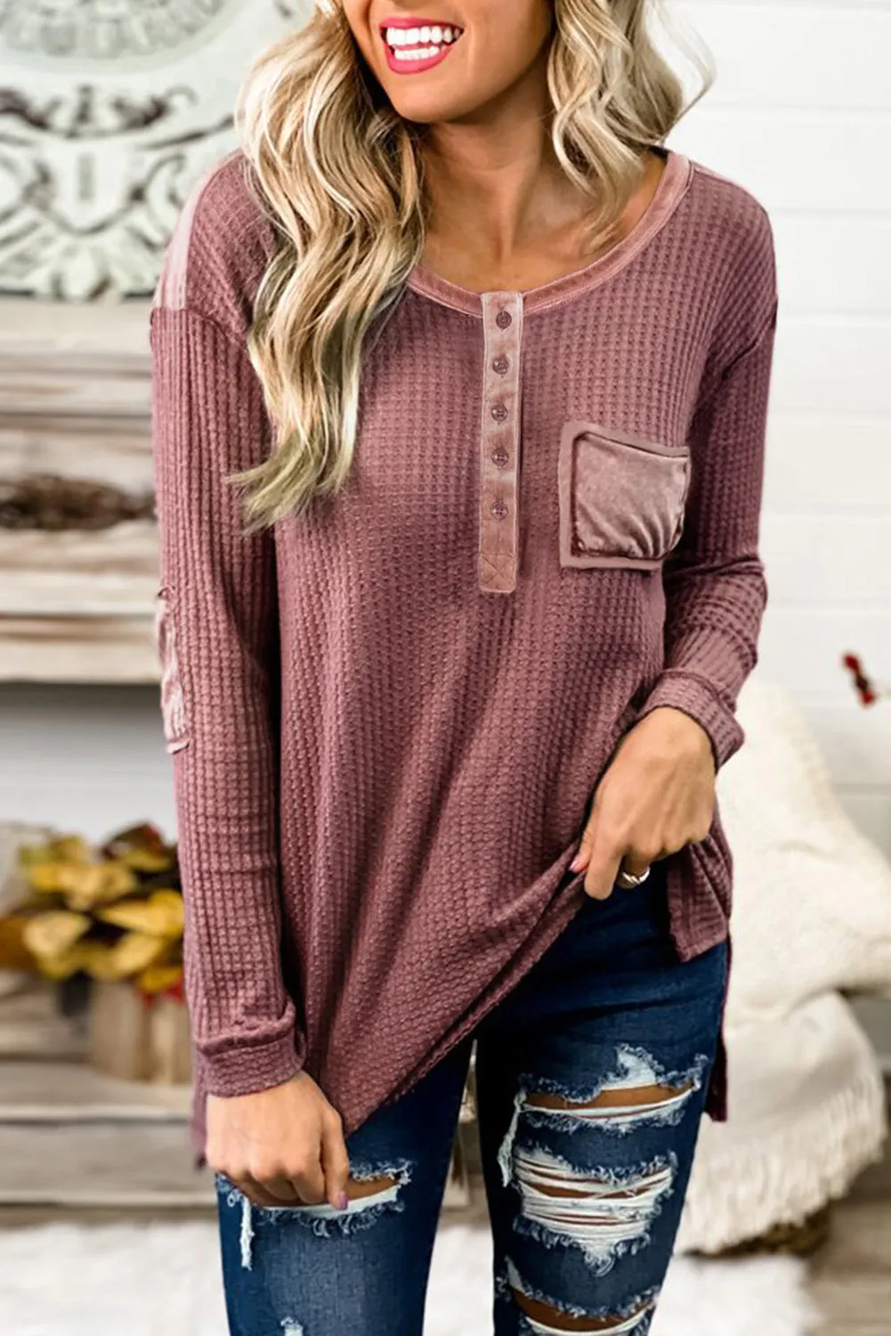 Waffle Elbow Patch Buttoned Long Sleeve Top