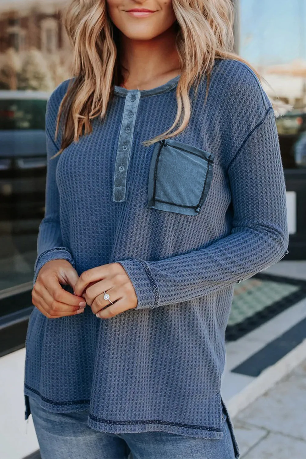 Waffle Elbow Patch Buttoned Long Sleeve Top