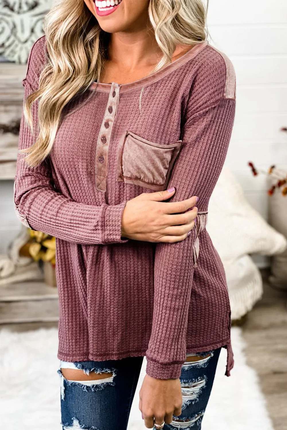 Waffle Elbow Patch Buttoned Long Sleeve Top