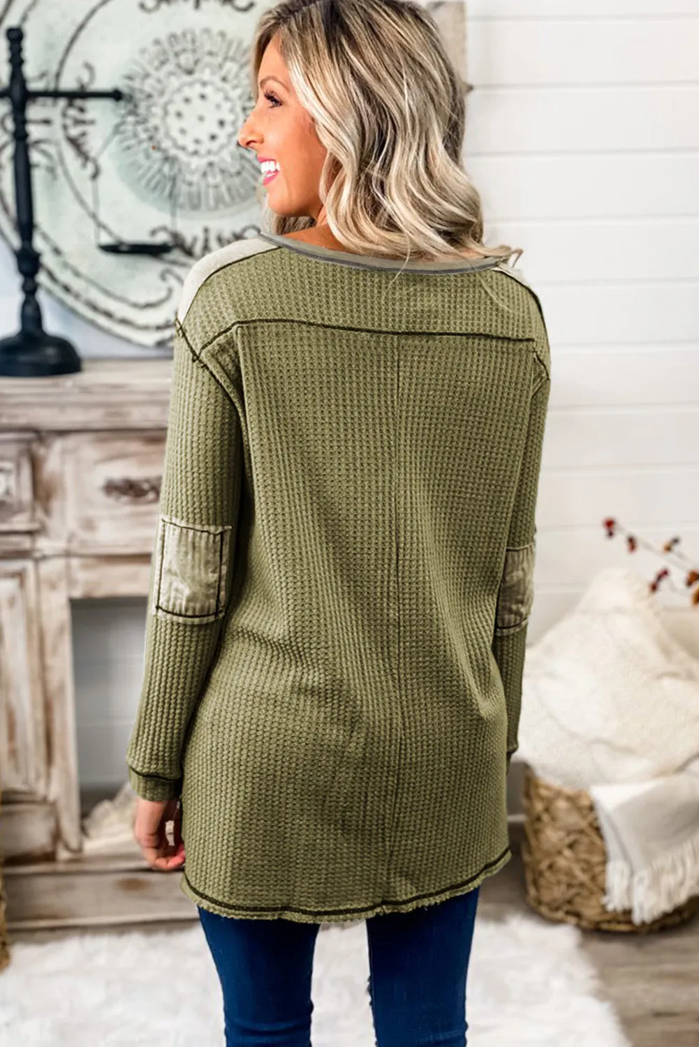 Waffle Elbow Patch Buttoned Long Sleeve Top