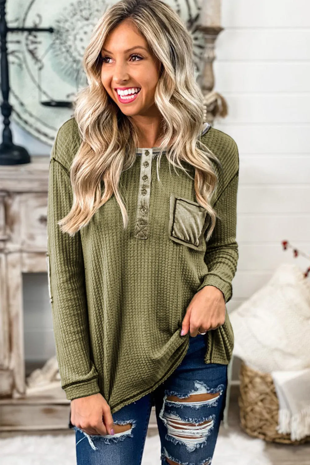 Waffle Elbow Patch Buttoned Long Sleeve Top