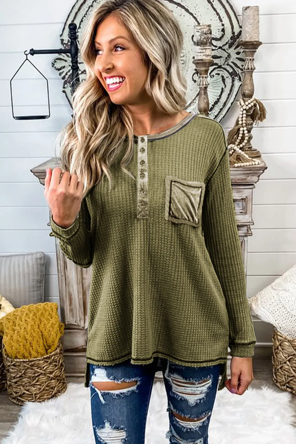 Waffle Elbow Patch Buttoned Long Sleeve Top