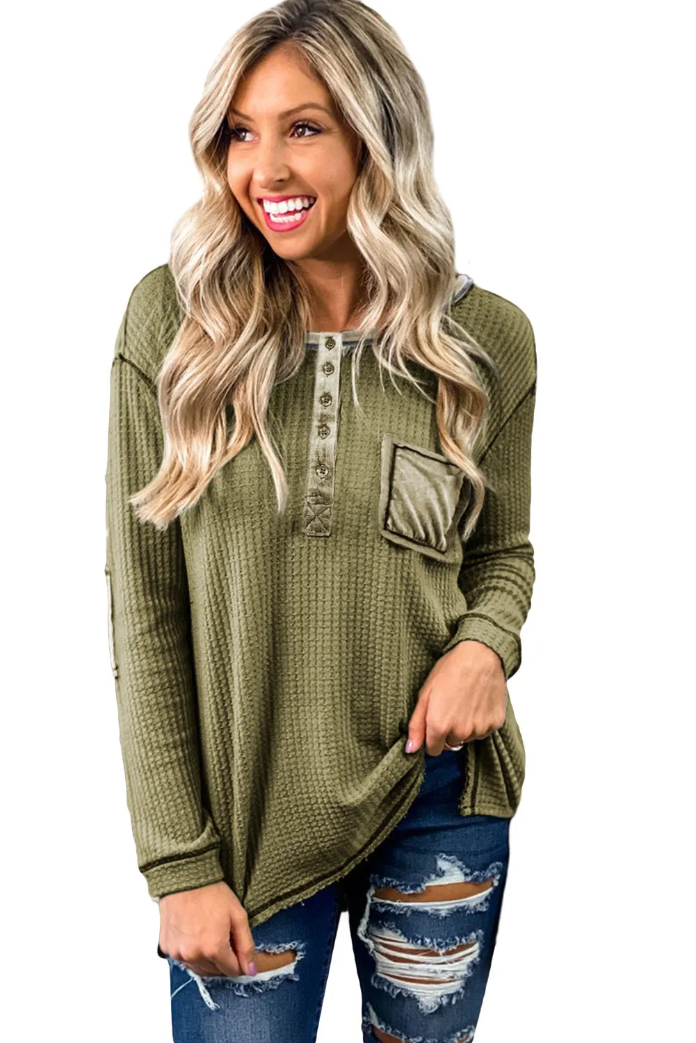 Waffle Elbow Patch Buttoned Long Sleeve Top