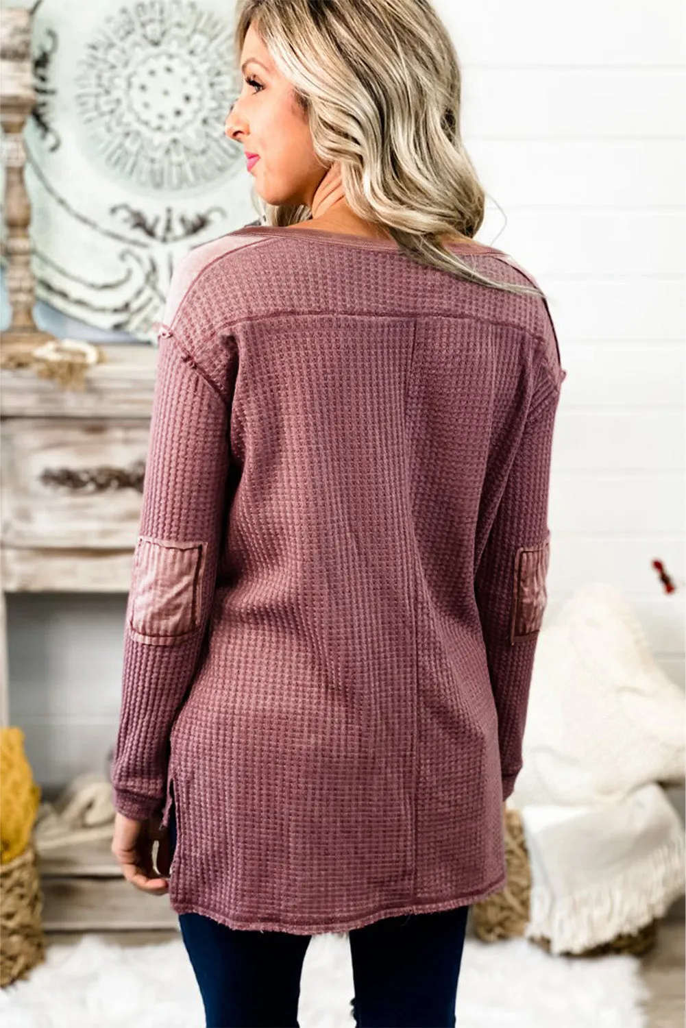 Waffle Elbow Patch Buttoned Long Sleeve Top