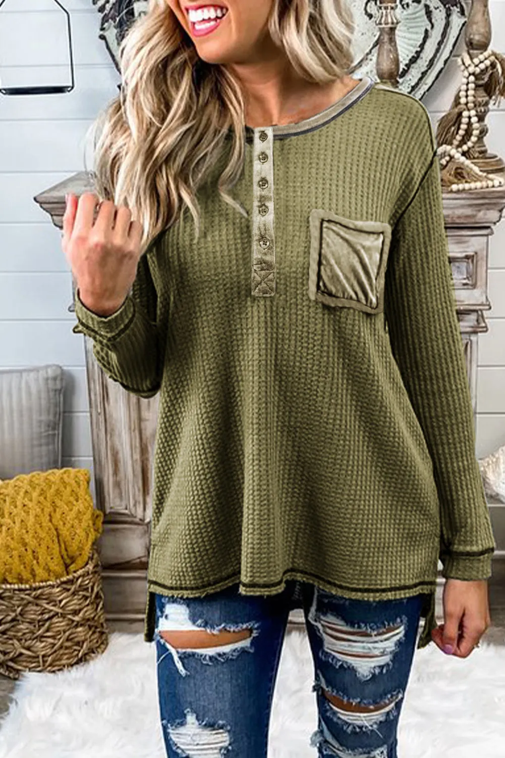 Waffle Elbow Patch Buttoned Long Sleeve Top
