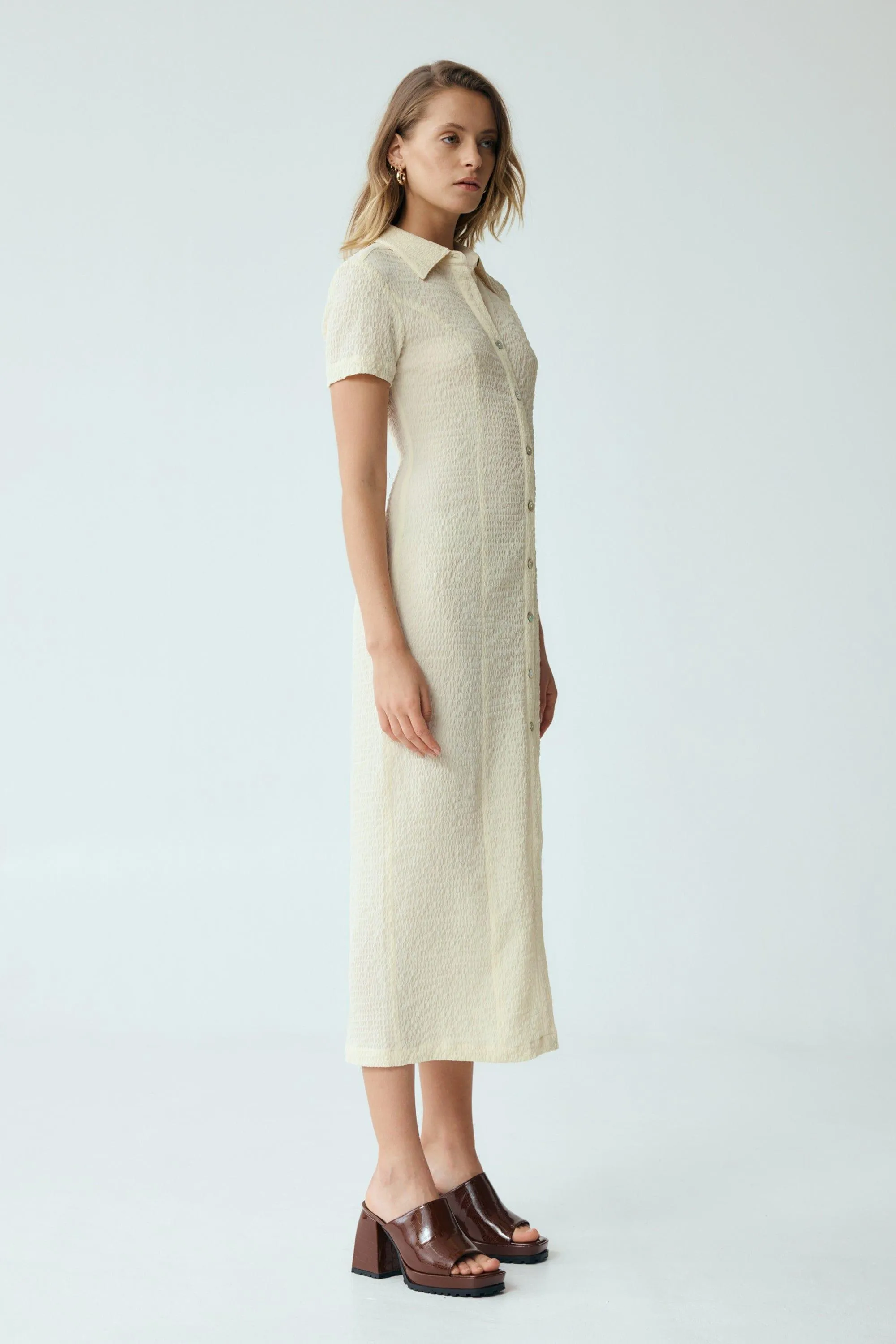 WAFFLE MIDI SHIRT DRESS | CREAM