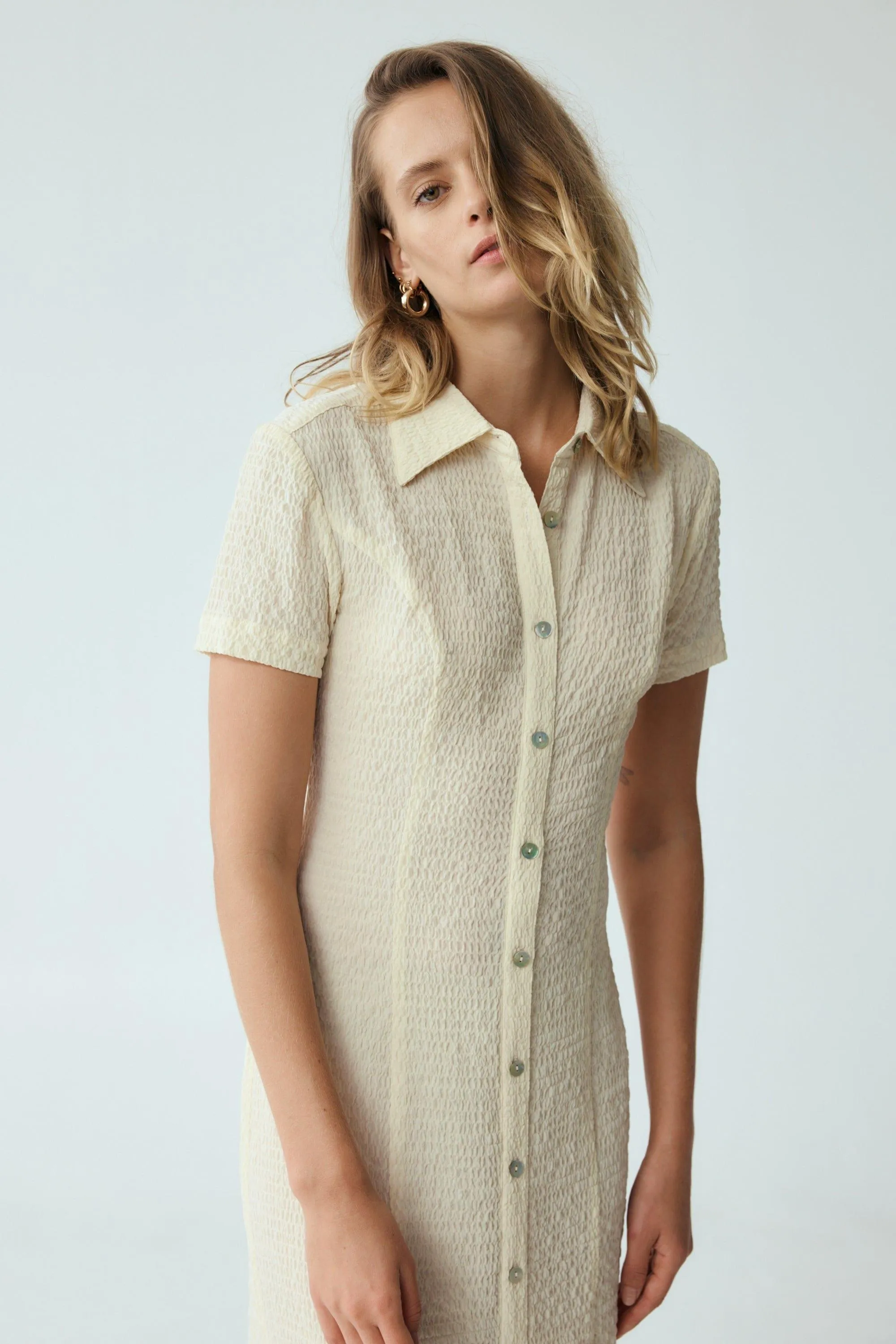 WAFFLE MIDI SHIRT DRESS | CREAM