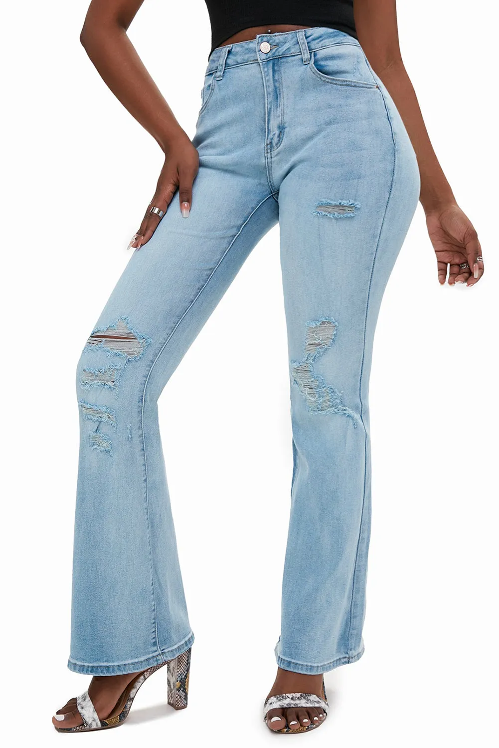 Wash Distressed Flare Jeans