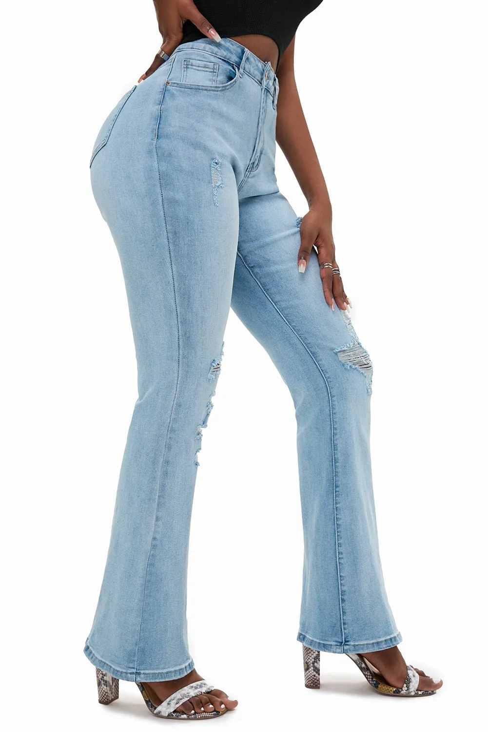 Wash Distressed Flare Jeans