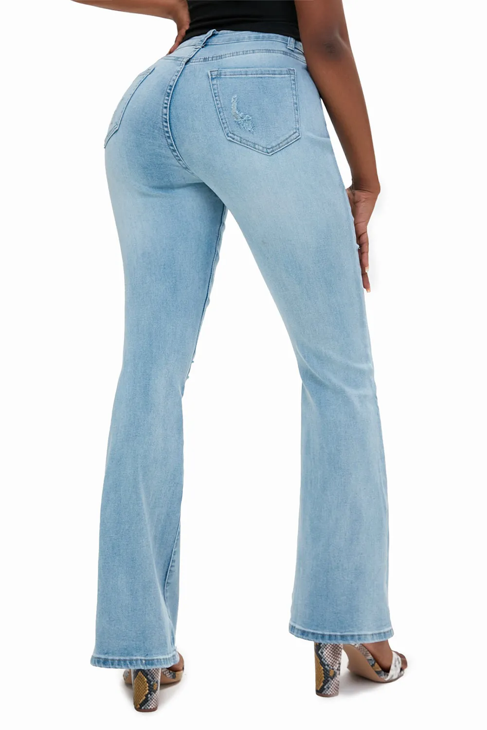 Wash Distressed Flare Jeans