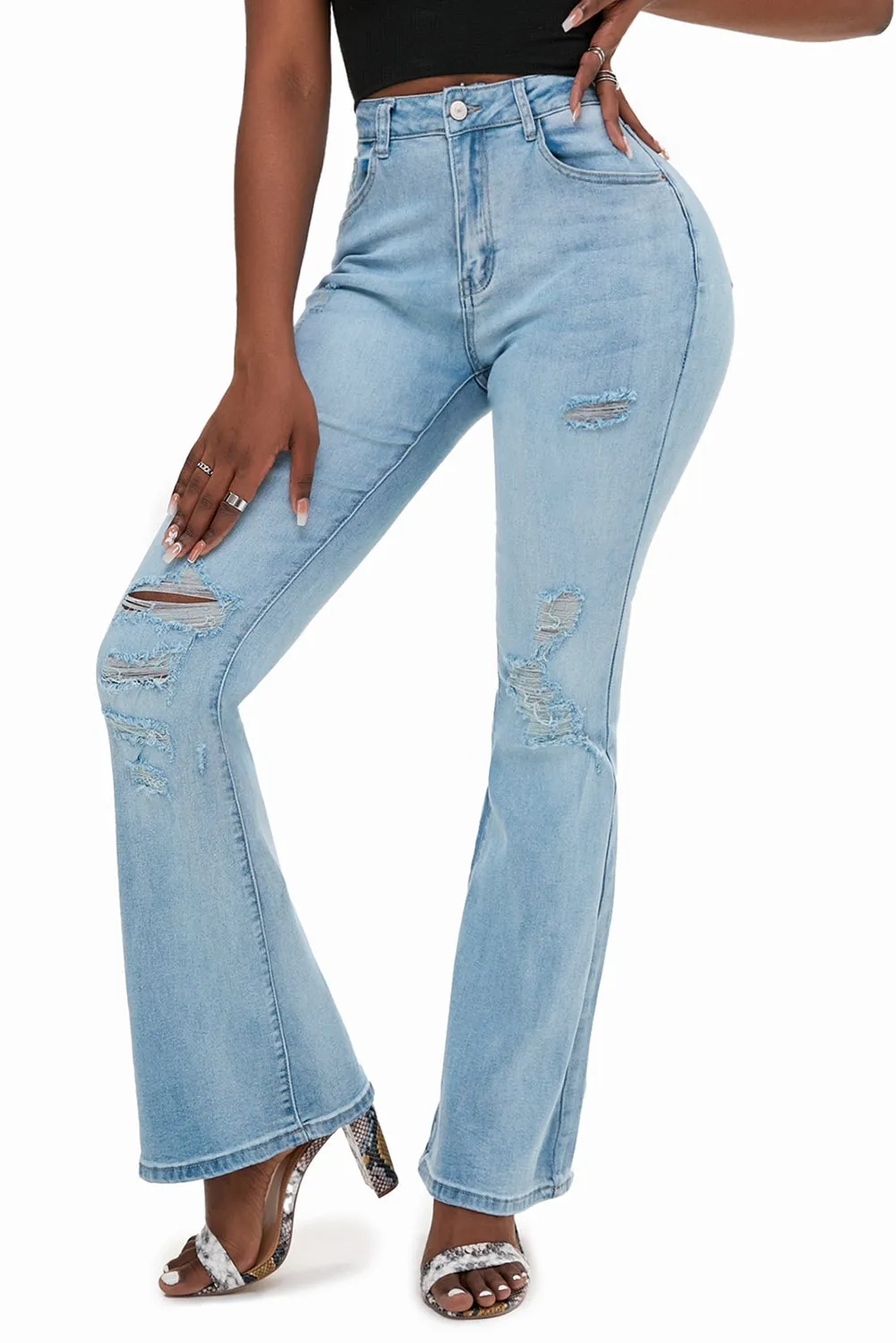 Wash Distressed Flare Jeans