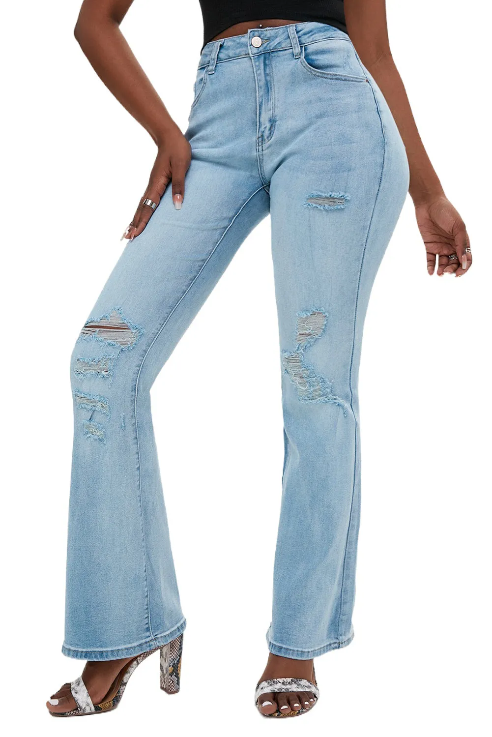 Wash Distressed Flare Jeans