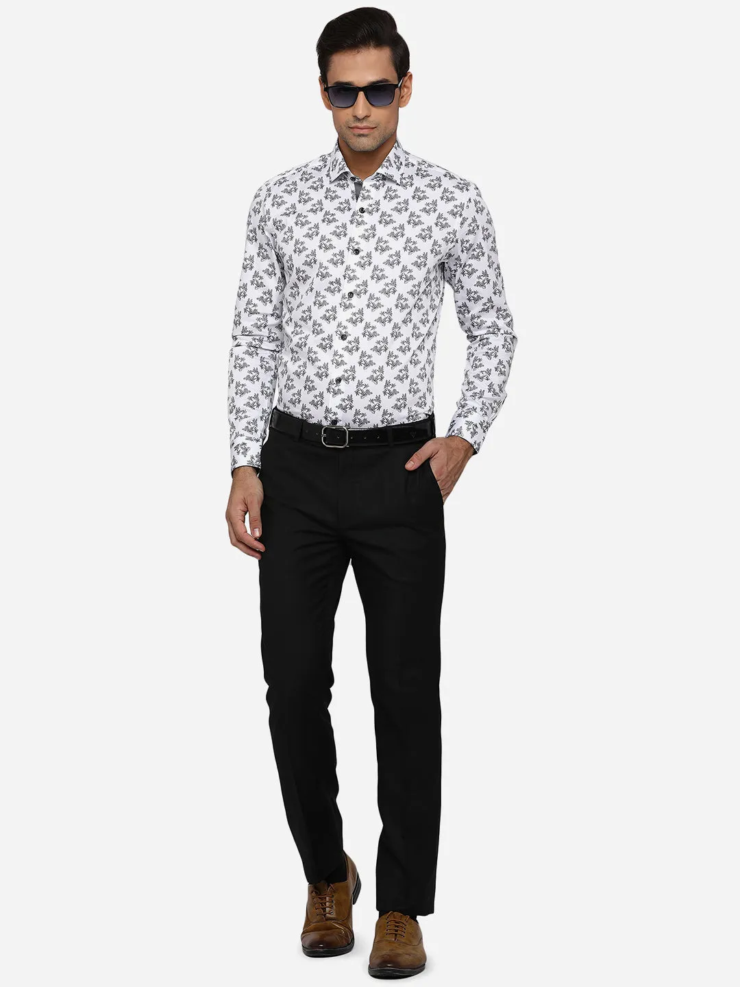 White & Black Printed Slim Fit Party Wear Shirt | JB Studio