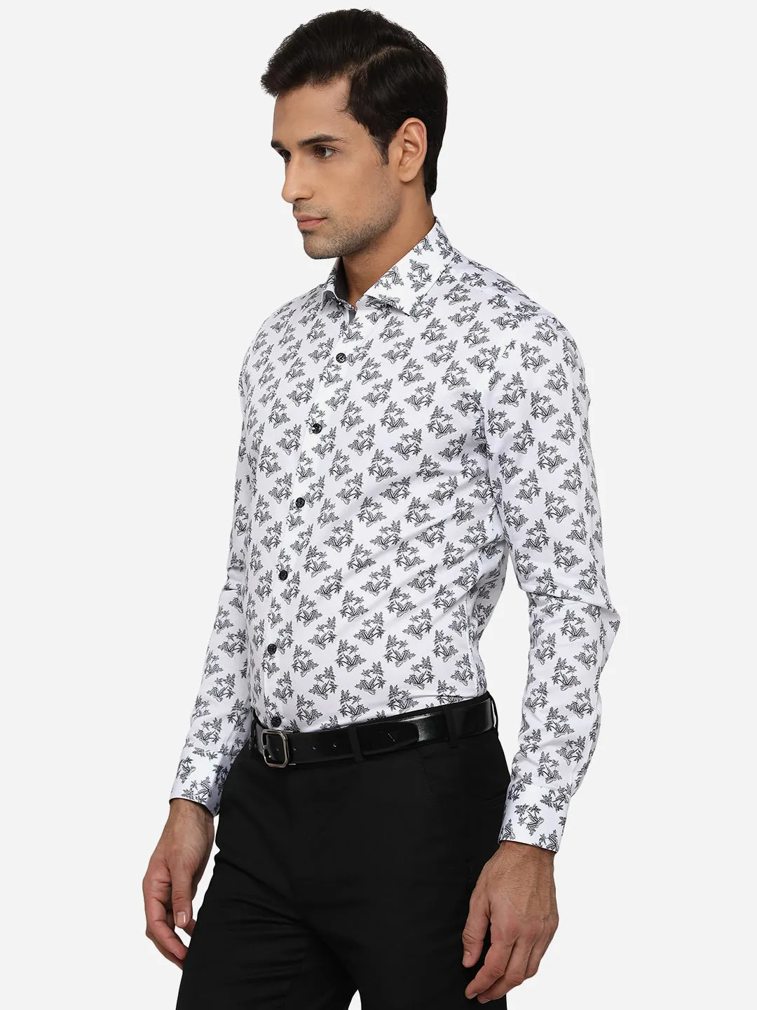 White & Black Printed Slim Fit Party Wear Shirt | JB Studio