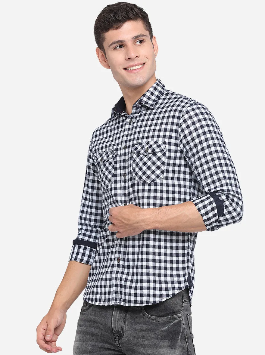 White & Blue Checked Slim Fit Semi Casual Shirt | Greenfibre