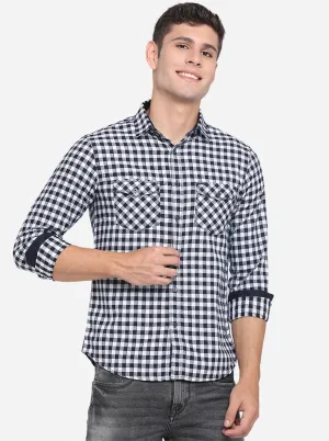 White & Blue Checked Slim Fit Semi Casual Shirt | Greenfibre