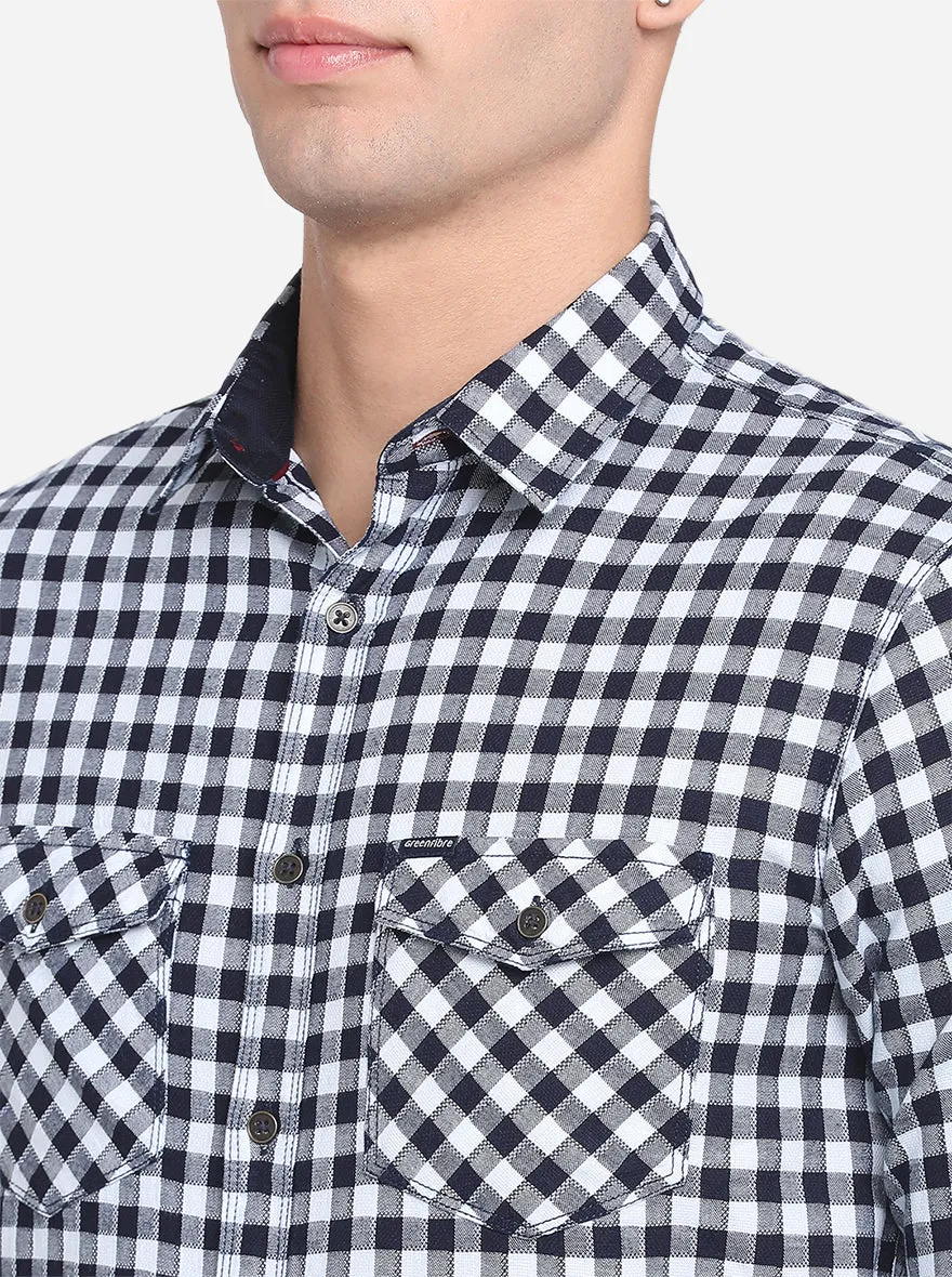White & Blue Checked Slim Fit Semi Casual Shirt | Greenfibre