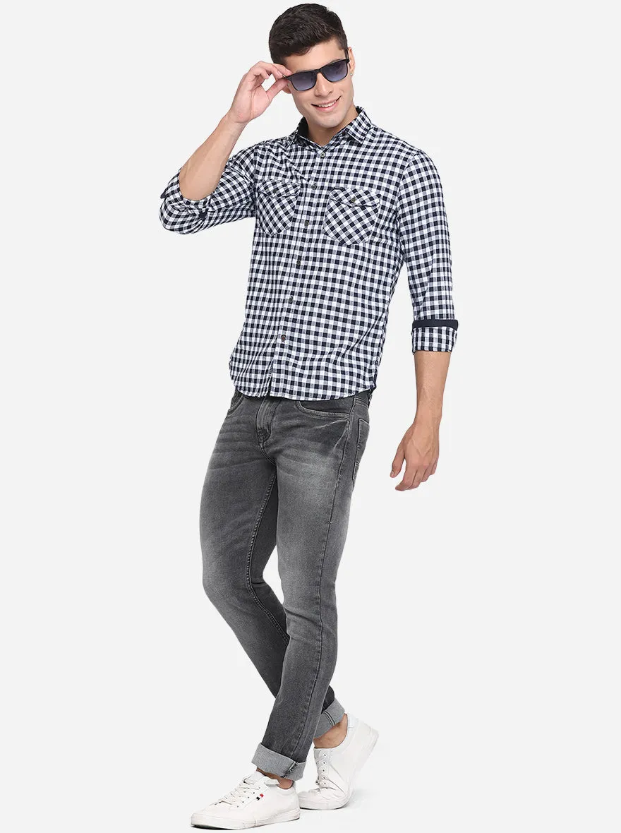 White & Blue Checked Slim Fit Semi Casual Shirt | Greenfibre