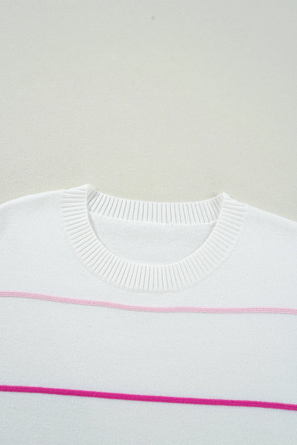 White Colorblock Striped Half Sleeve Drop Shoulder Sweater