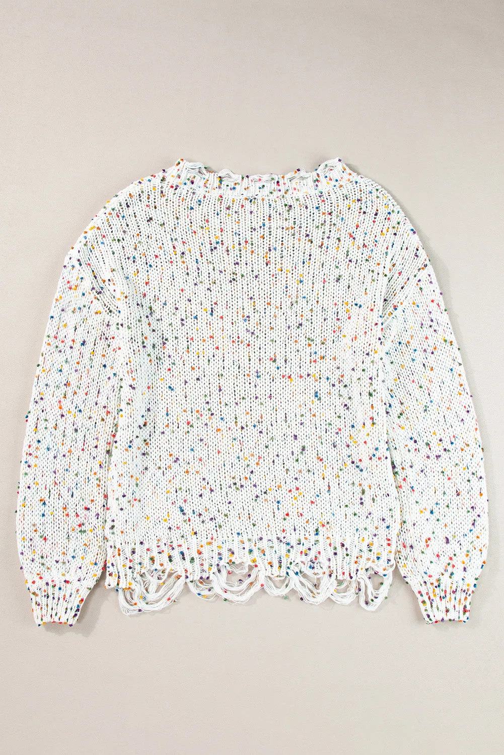 White Colorful Confetti Distressed Knit Sweater