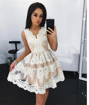 white lace short prom dress, white cute lace homecoming dress