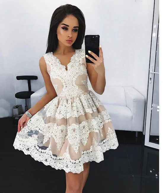 white lace short prom dress, white cute lace homecoming dress