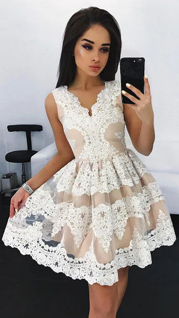 white lace short prom dress, white cute lace homecoming dress