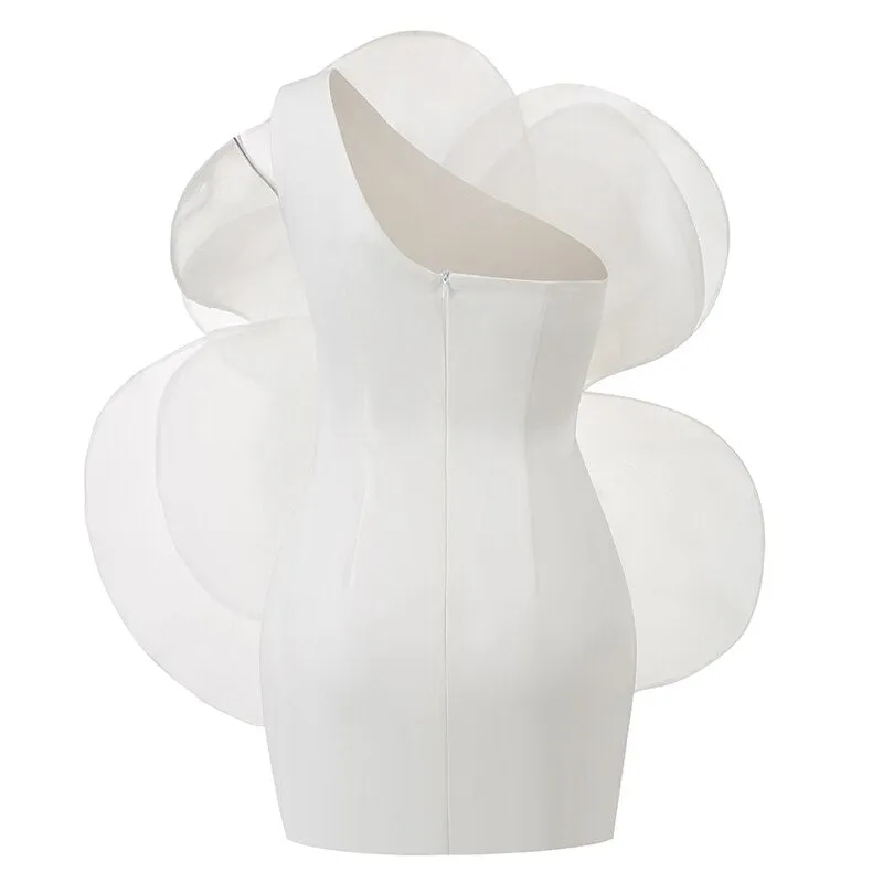 White Oblique Shoulder Decorative Flower Dress