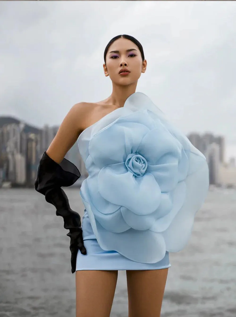 White Oblique Shoulder Decorative Flower Dress