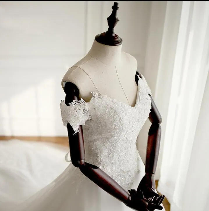 White Off Shoulder Long Affordable Wedding Dresses, Real Made Cheap High Quality Bridal Gowns With Train, WD0297