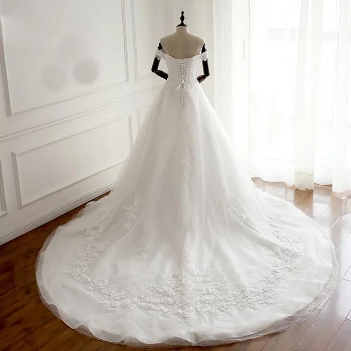 White Off Shoulder Long Affordable Wedding Dresses, Real Made Cheap High Quality Bridal Gowns With Train, WD0297