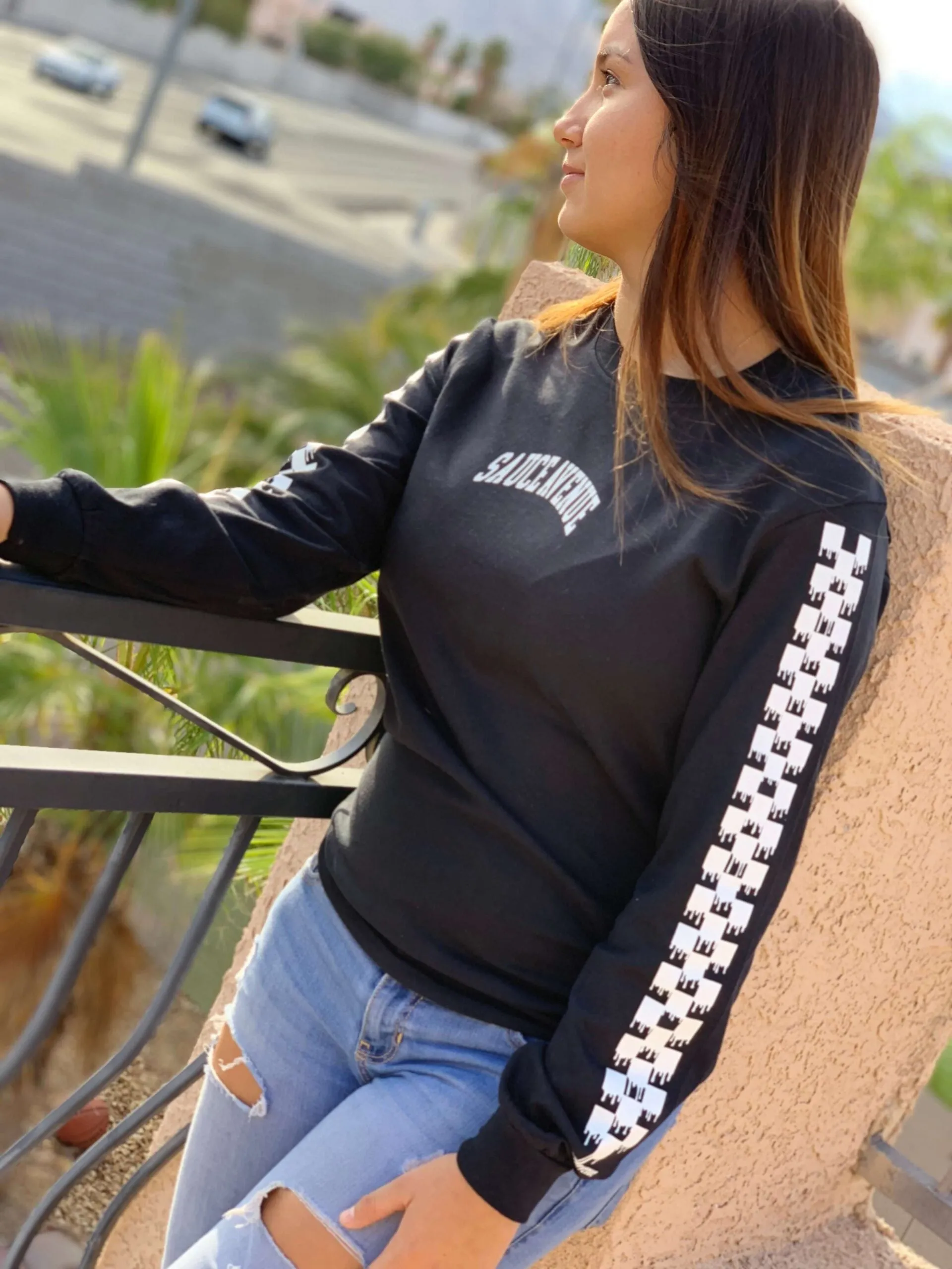White SA Curve | Black Long Sleeve Tee (Solid Checkered Drippin Sleeve)