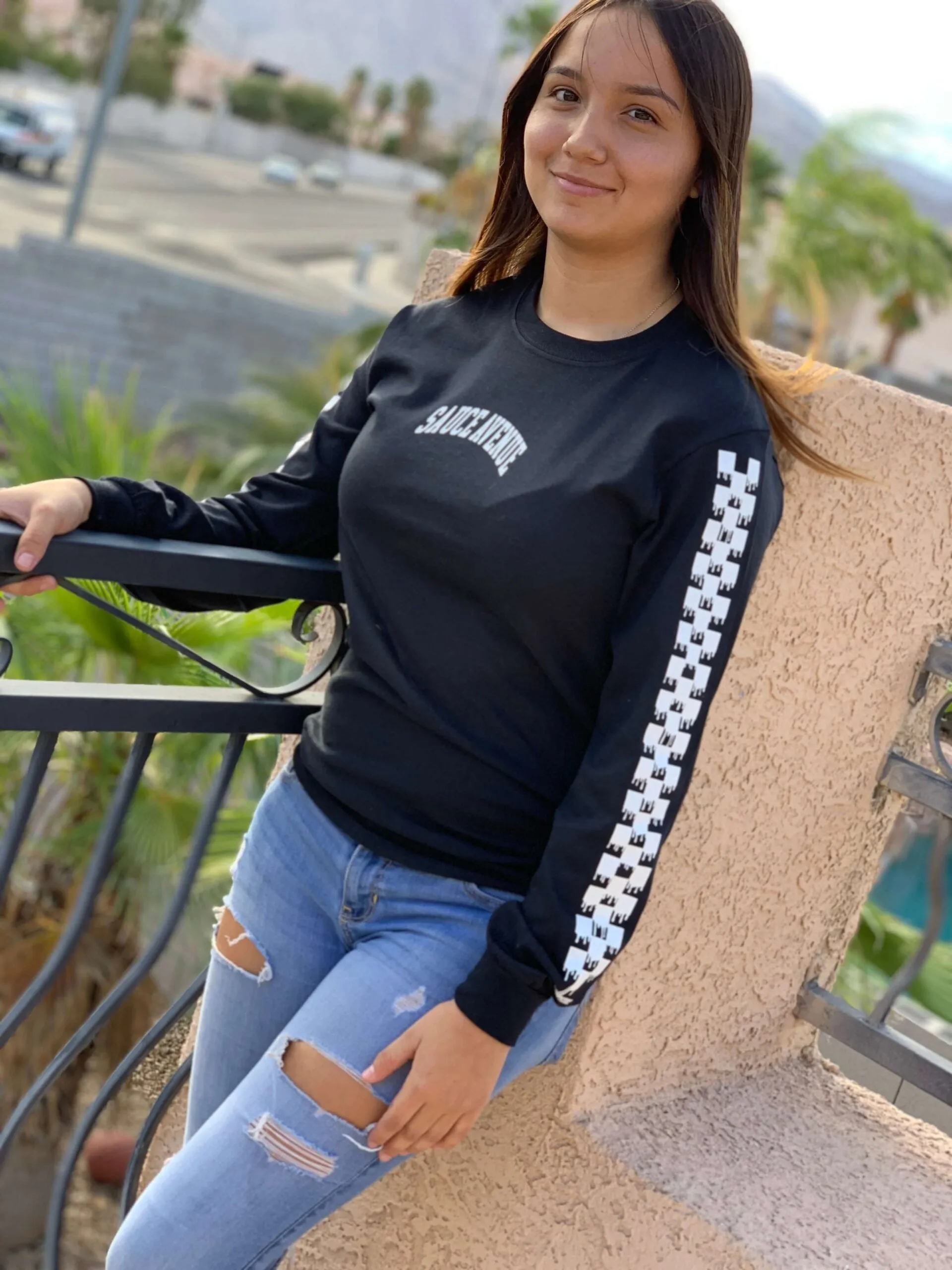 White SA Curve | Black Long Sleeve Tee (Solid Checkered Drippin Sleeve)