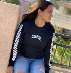 White SA Curve | Black Long Sleeve Tee (Solid Checkered Drippin Sleeve)