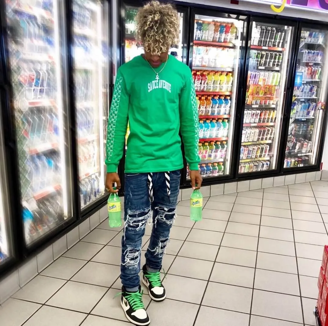White SA Curve | Green Long Sleeve Tee (Outline Checkered Drippin Sleeve)