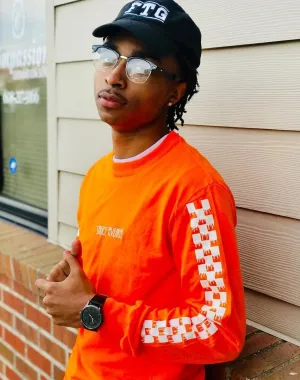 White SA | Orange Long Sleeve Tee (Solid Checkered Drippin Sleeve)