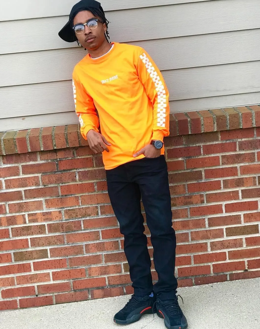 White SA | Orange Long Sleeve Tee (Solid Checkered Drippin Sleeve)