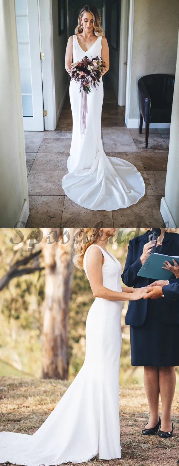 White Satin V-neck Sleeveless Mermaid With Train Wedding Dresses WD371