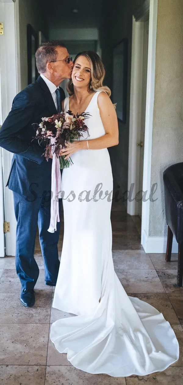 White Satin V-neck Sleeveless Mermaid With Train Wedding Dresses WD371