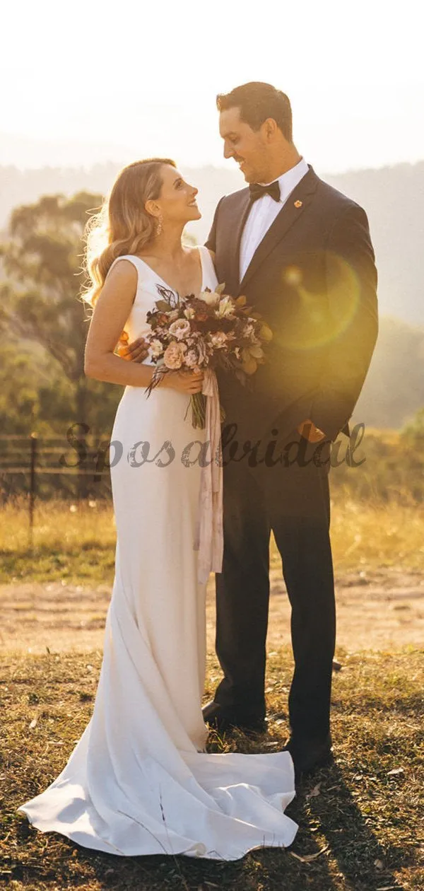 White Satin V-neck Sleeveless Mermaid With Train Wedding Dresses WD371