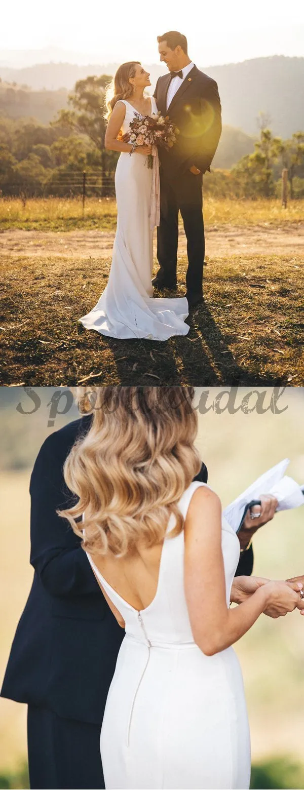 White Satin V-neck Sleeveless Mermaid With Train Wedding Dresses WD371