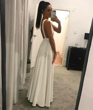 White v neck backless long prom dress, white evening dress