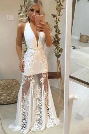 White v neck tulle lace long prom dress, white lace evening dress