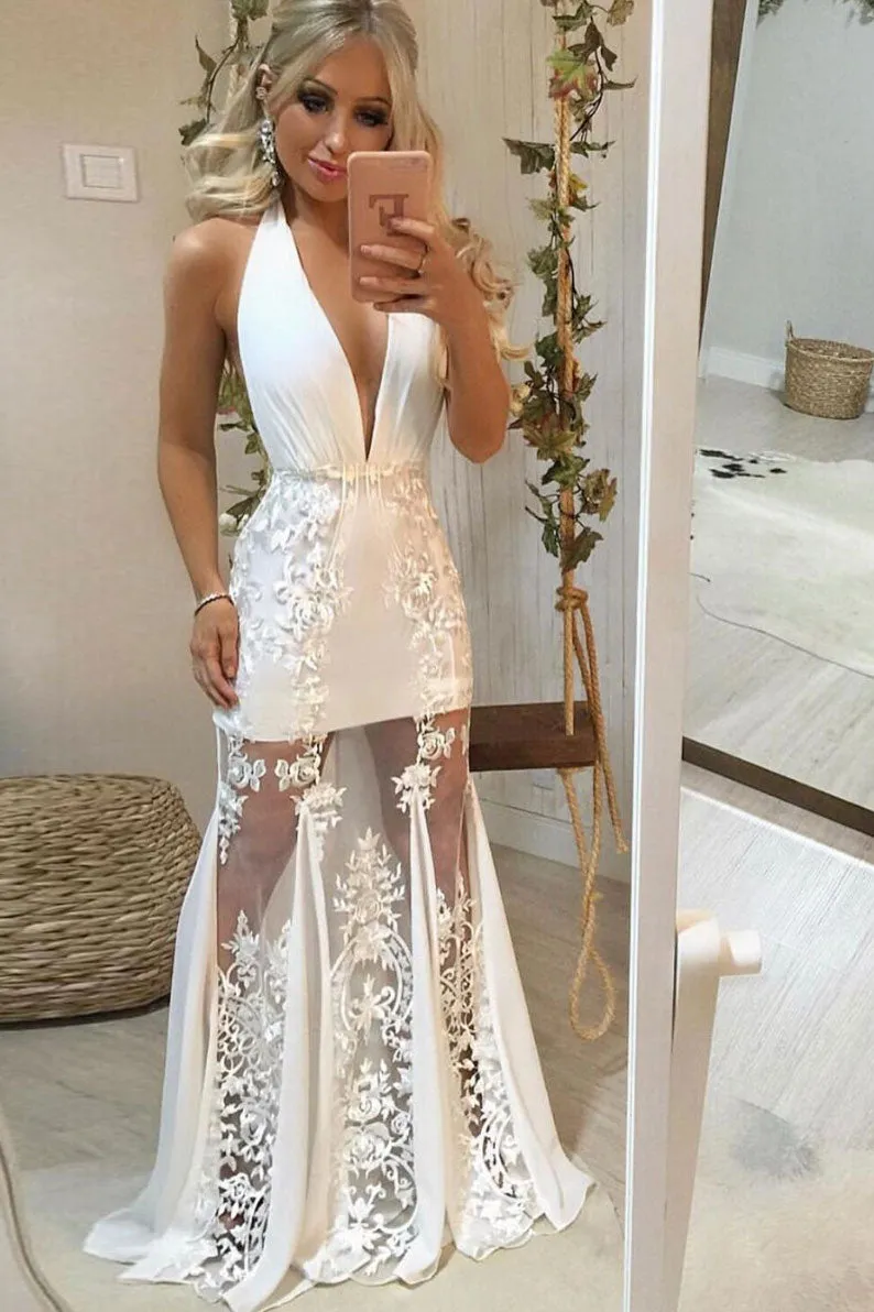 White v neck tulle lace long prom dress, white lace evening dress